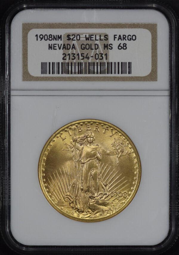 Obverse of this 1908 No Motto St. Gaudens $20 NGC MS-68 Wells Fargo Nevada Gold Hoard