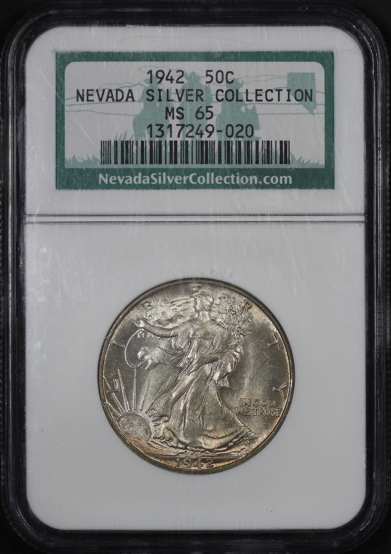 Obverse of this 1942 Walking Liberty Half Dollar NGC MS-65 NEVADA SILVER COLLECTION