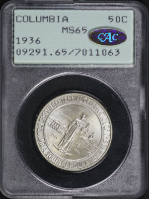 Obverse of this 1936 50C Columbia Silver Commemorative PCGS MS-65 Gold CAC Old Green Rattler Holder