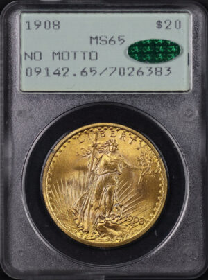Obverse of this 1908 St. Gaudens $20 No Motto PCGS MS-65 CAC Old Green Rattler Holder
