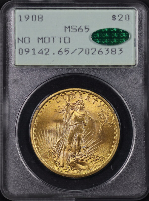 Obverse of this 1908 St. Gaudens $20 No Motto PCGS MS-65 CAC Old Green Rattler Holder