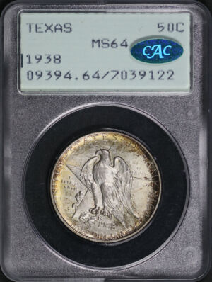 Obverse of this 1938 50C Texas Silver Commemorative PCGS MS-64 CAC Old Green Rattler Holder