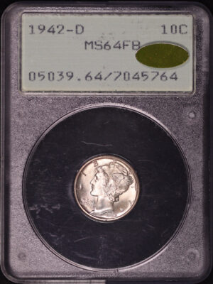 Obverse of this 1942-D Mercury Dime PCGS MS-64 FB Gold CAC Old Green Rattle Holder