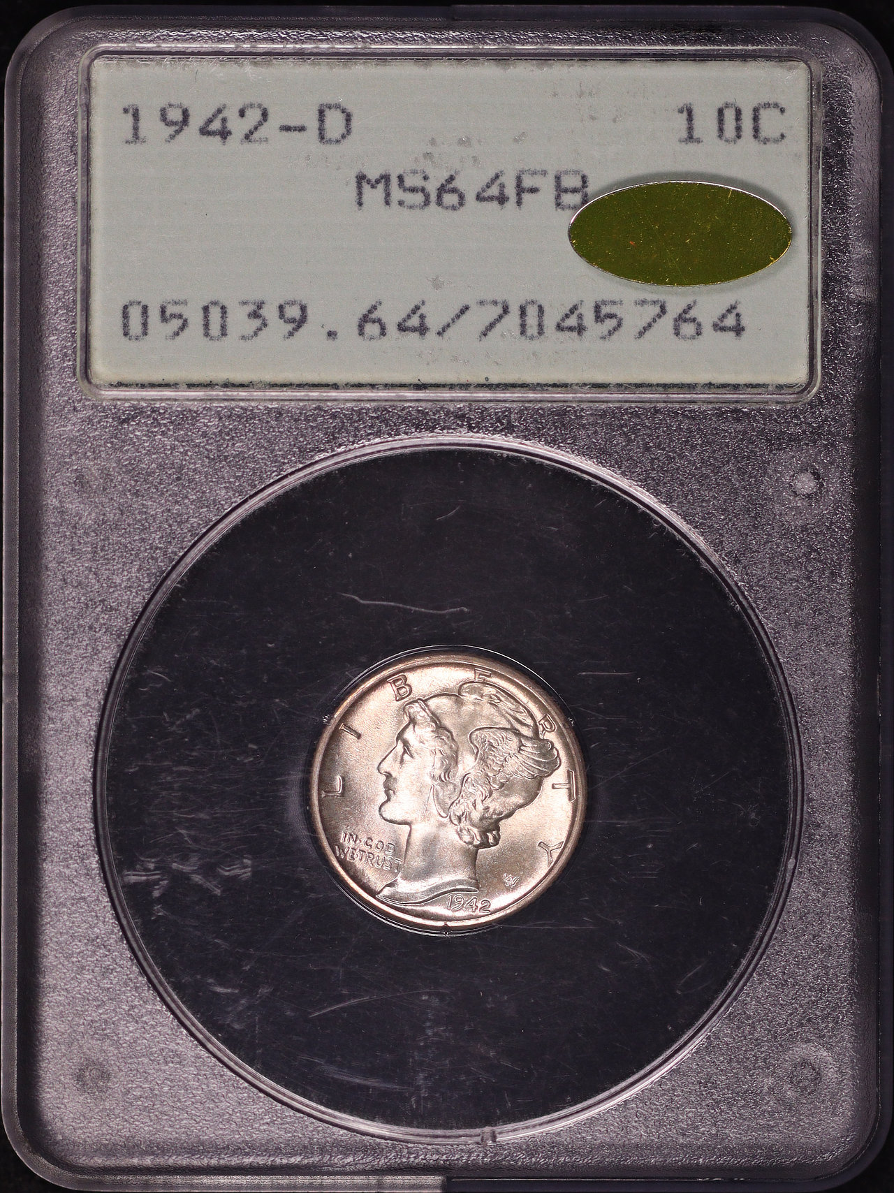 Obverse of this 1942-D Mercury Dime PCGS MS-64 FB Gold CAC Old Green Rattle Holder