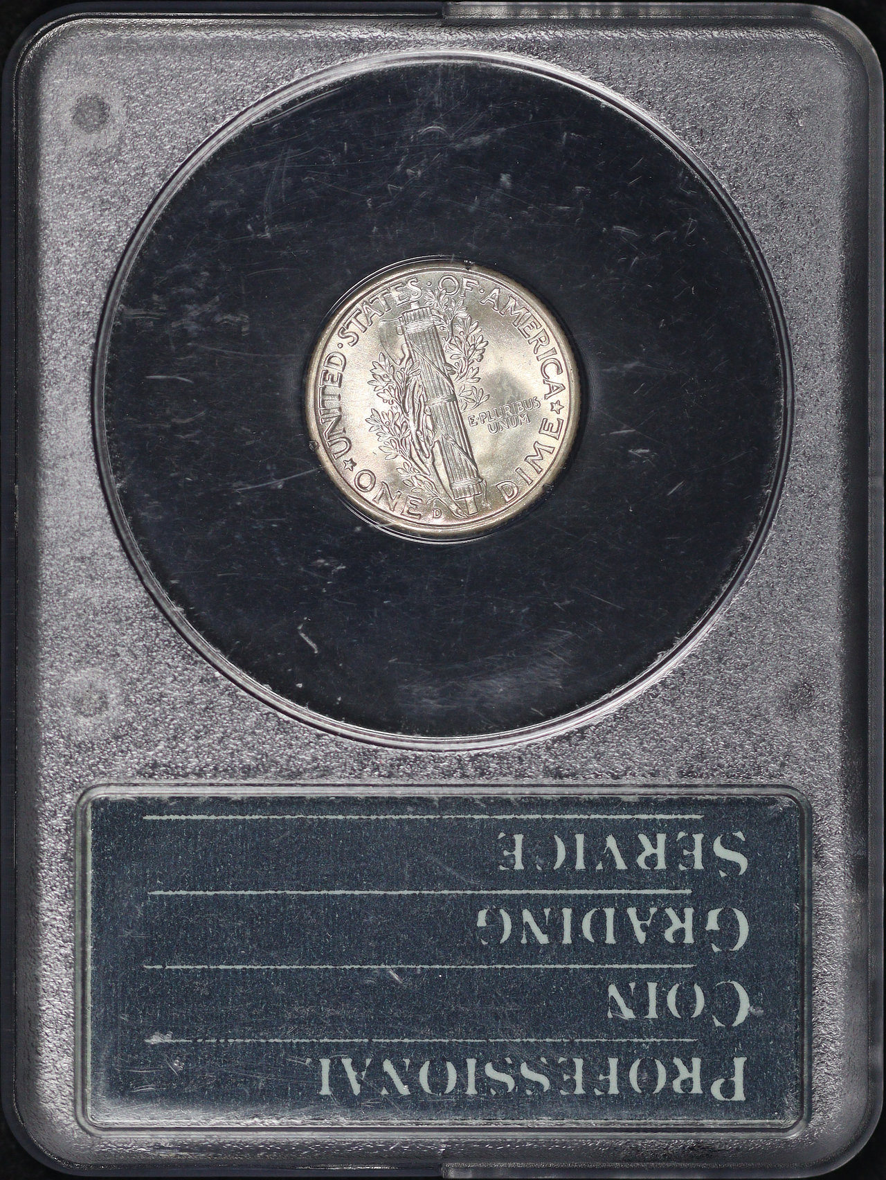 Reverse of this 1942-D Mercury Dime PCGS MS-64 FB Gold CAC Old Green Rattle Holder