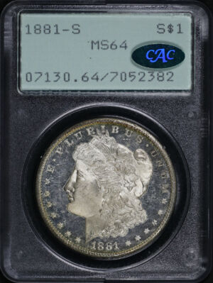 Obverse of this 1881-S Morgan Dollar PCGS MS-64 CAC Green Rattler Holder