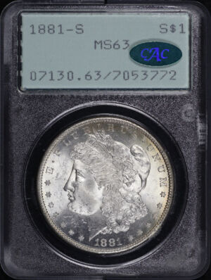 Obverse of this 1881-S Morgan Dollar PCGS MS-63 CAC Old Green Rattler Holder – Velvety Rainbow Reverse Toning