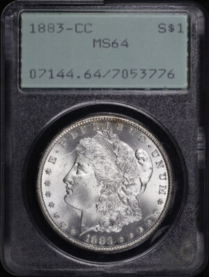 Obverse of this 1883-CC Morgan Dollar PCGS MS-64 Old Green Rattler Holder