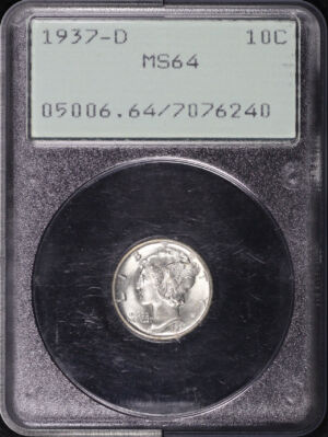 Obverse of this 1937-D Mercury Dime PCGS MS-64 Old Green Rattler Holder