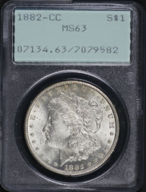 Obverse of this 1882-CC Morgan Dollar PCGS MS-63 Old Green Rattler Holder