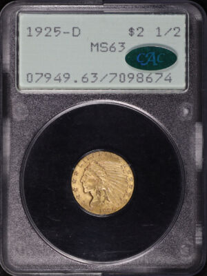 Obverse of this 1925-D Indian $2.5 PCGS MS-63 CAC Old Green Rattler Holder – Broken Die Reverse!