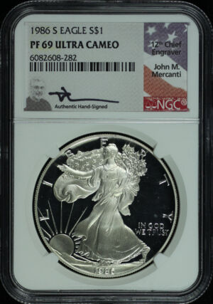 Obverse of this 1986-S Silver Eagle NGC PF-69 UC John M. Mercanti Signature Label