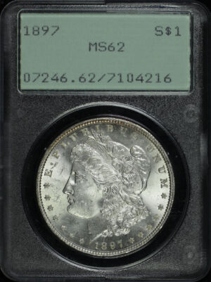 Obverse of this 1897 Morgan Dollar PCGS MS-62 Old Green Rattler Holder