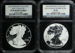 Obverse of this  2012-S American Silver Eagle San Francisco Eagle Set NGC PF-69 UC & PF-69 Reverse Proof 