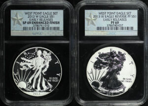 Obverse of this  2013-W American Silver Eagle West Point Eagle Set NGC SP-69 Enhanced Finish Early Release & PF-69 Reverse Proof