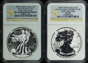 Obverse of this  2013-W American Silver Eagle West Point Eagle Set NGC SP-70 Enhanced Finish & PF-70 Reverse Proof Early Release