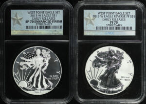 Obverse of this  2013-W American Silver Eagle West Point Eagle Set NGC SP-70 Enhanced Finish & PF-70 Reverse Proof Early Release 