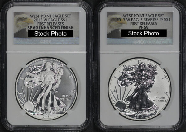 Obverse of this 2013-W American Silver Eagle West Point Eagle Set NGC SP-69 Enhanced Finish First Release & PF-69 Reverse Proof First Release 