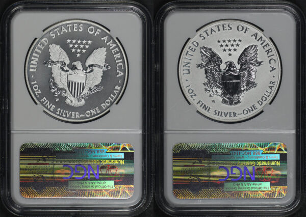 Reverse of this 2013-W American Silver Eagle West Point Eagle Set NGC SP-69 Enhanced Finish First Release & PF-69 Reverse Proof First Release 