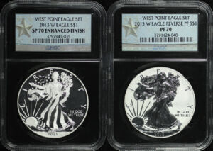 Obverse of this  2013-W American Silver Eagle West Point Eagle Set NGC SP-70 Enhanced Finish & PF-70 Reverse Proof 