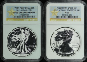 Obverse of this  2013-W American Silver Eagle West Point Eagle Set NGC SP-70 Enhanced Finish & PF-70 Reverse Proof