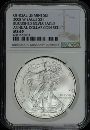 Obverse of this 2008-W Burnished Silver Eagle NGC MS-69 