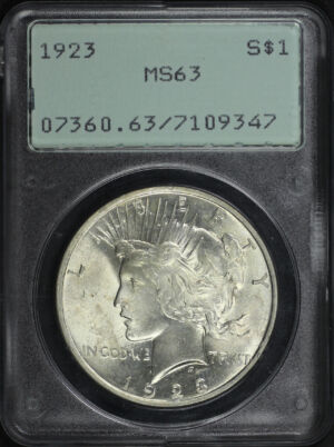 Obverse of this 1923 Peace Dollar PCGS MS-63 Old Green Rattler Holder
