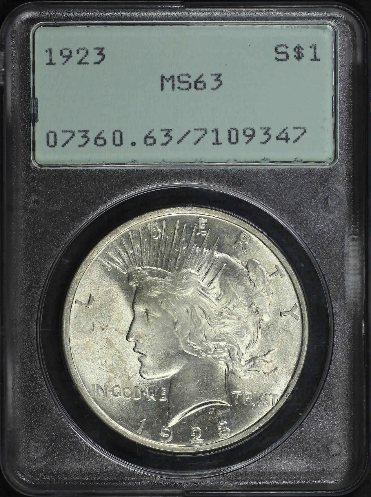 Obverse of this 1923 Peace Dollar PCGS MS-63 Old Green Rattler Holder