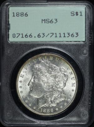 Obverse of this 1886 Morgan Dollar PCGS MS-63 Old Green Rattler Holder