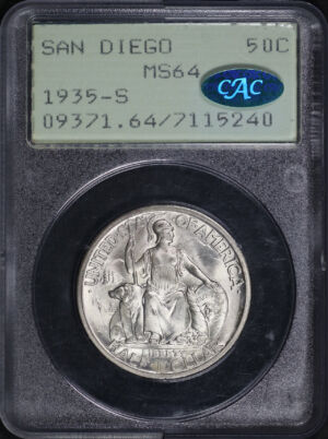 Obverse of this 1935-S 50C San Diego Silver Commemorative PCGS MS-64 CAC Old Green Rattler Holder