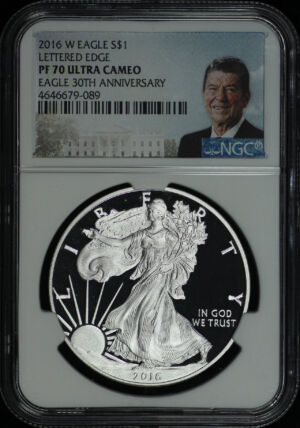 Obverse of this 2016-W Silver Eagle Lettered Edge NGC PF-70 UC 30th Anniversary 