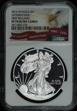 Obverse of this 2016-W Silver Eagle Lettered Edge NGC PF-70 UC First Release