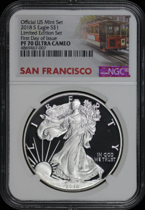 Obverse of this 2018-S Silver Eagle NGC PF-70 UC First Day Of Issue