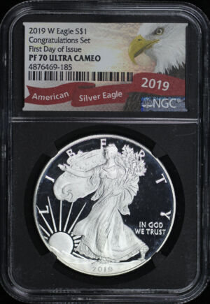 Obverse of this 2019-W Silver Eagle NGC PF-70 UC Congratulations Set First Day Of Issue