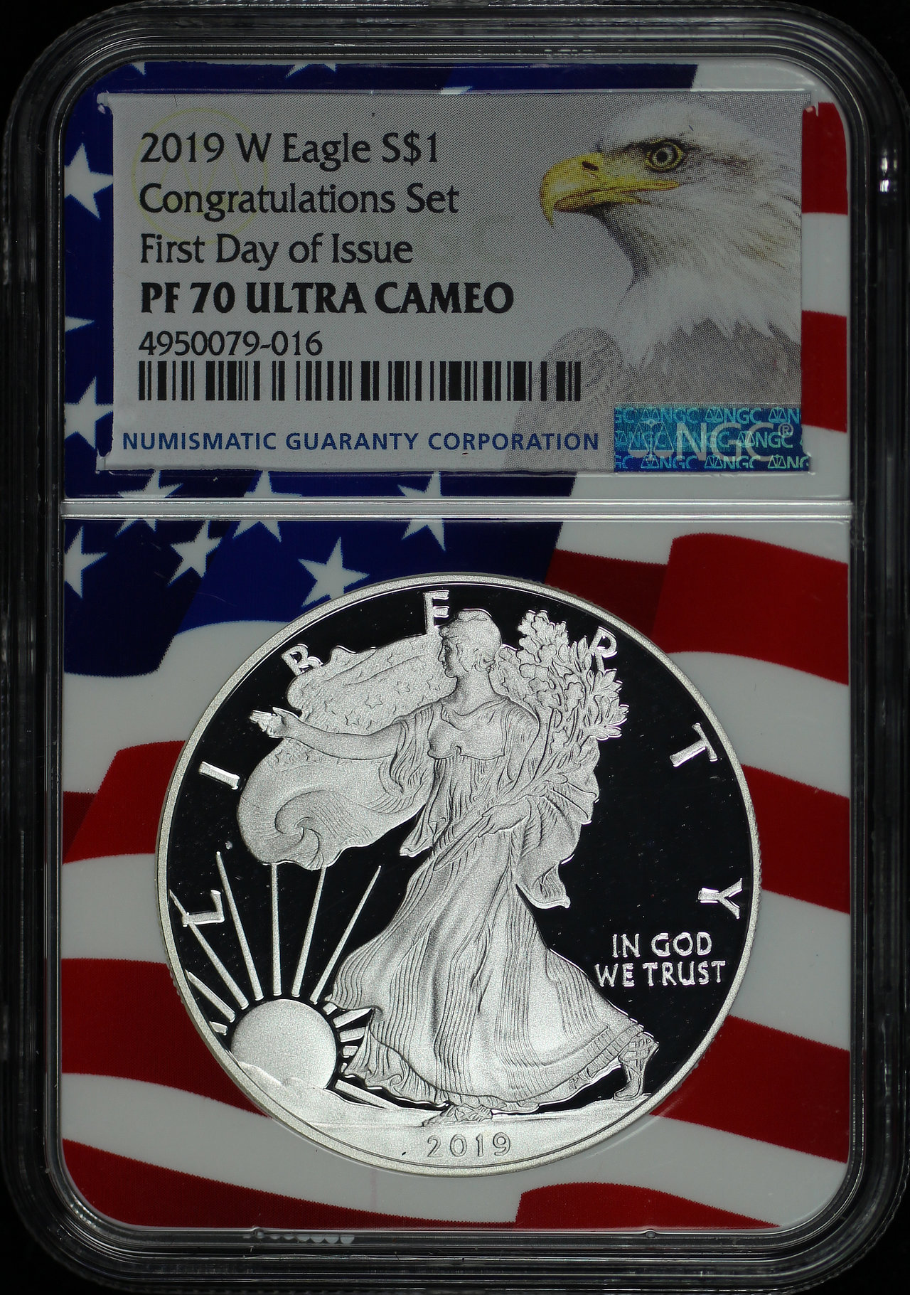 Obverse of this 2019-W Silver Eagle Congratulations Set NGC PF-70 Ultra Cameo First Day of Issue