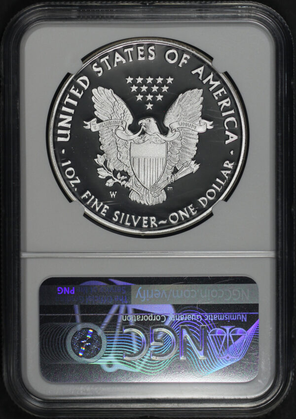 Reverse of this 2016-W 30th Anniversary Lettered Edge American Silver Eagle From 2019 West Point Mint Hoard NGC PF-70 Ultra Cameo John M. Mercanti Signature Label