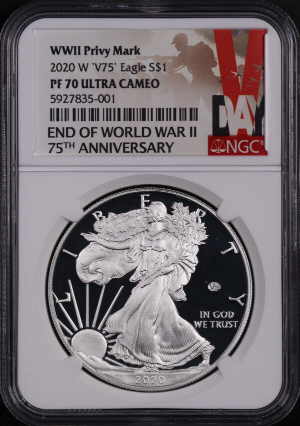 Obverse of this 2020-W Silver Eagle NGC PF-70 Ultra Cameo End World War II 75th Anniversary 