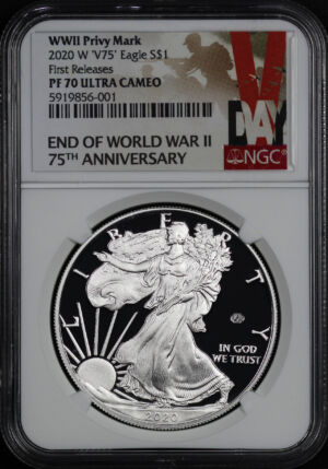 Obverse of this 2020-W Silver Eagle NGC PF-70 UC V75 WWII Privy Mark First Release End Of World War II 75th Anniversary Label 