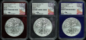 Obverse of this 2021 Silver Eagle Type 1 NGC MS-70 John M. Mercanti Signature Label Three Coin Set 