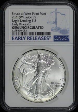Obverse of this 2021-(W) Silver Eagle Type 2 NGC BU Struck At West Point Early Release