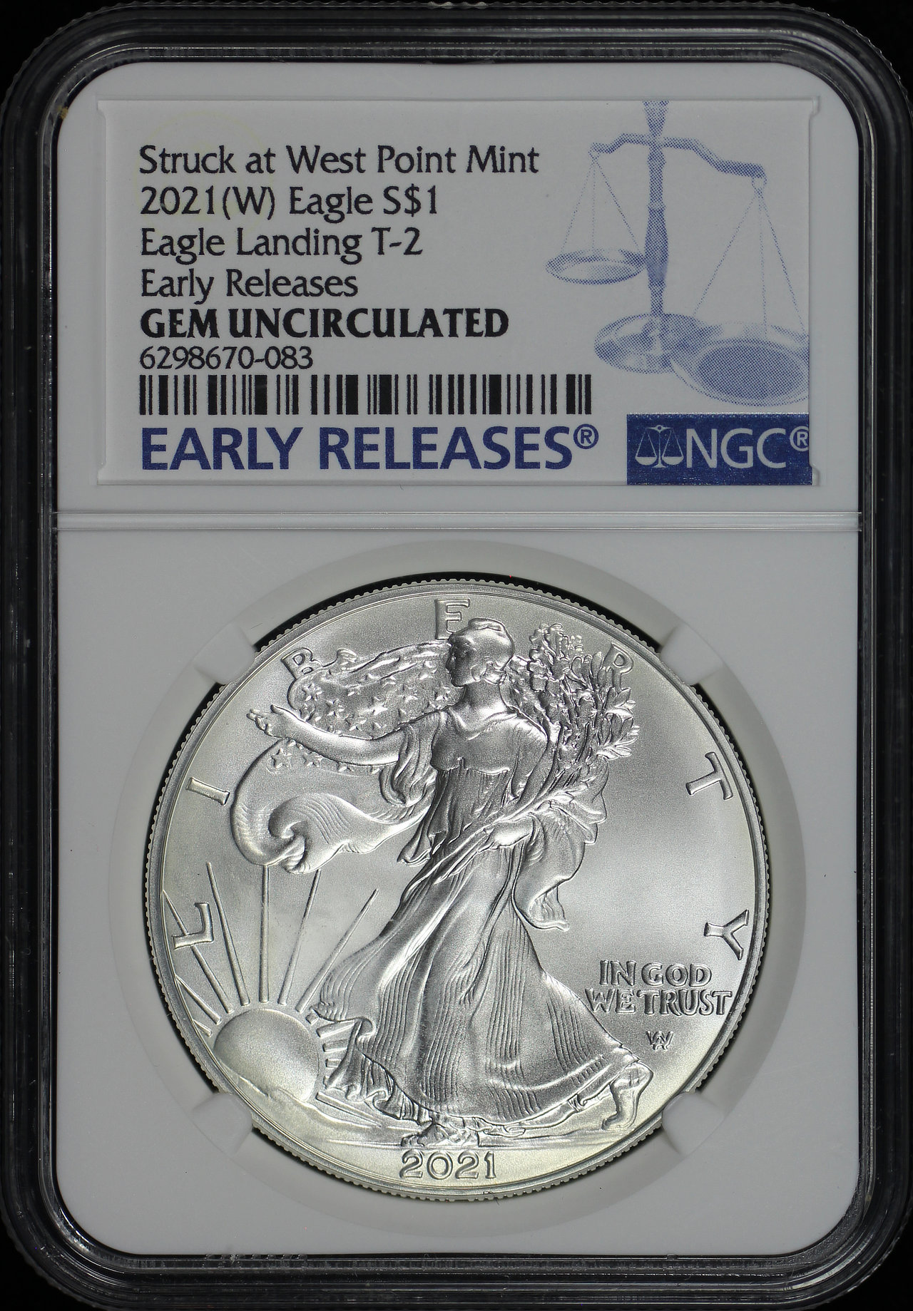 Obverse of this 2021-(W) Silver Eagle Type 2 NGC BU Struck At West Point Early Release