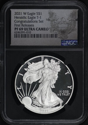 Obverse of this 2021-W Silver Eagle Type 1 NGC PF-69 UC Congratulations Set First Release
