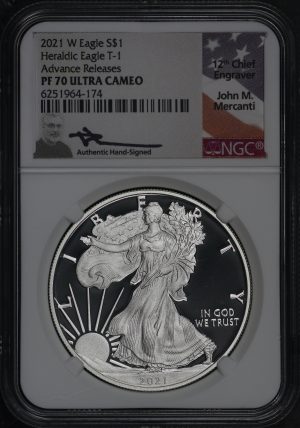 Obverse of this 2021-W Silver Eagle Heraldic Eagle Type 1 Advance Releases John M. Mercanti Signature Label NGC PF-70 UC