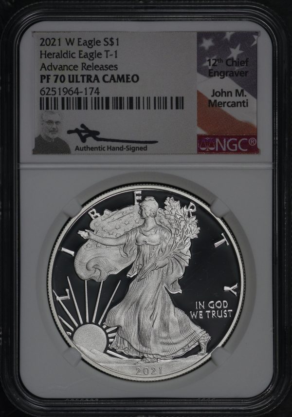 Obverse of this 2021-W Silver Eagle Heraldic Eagle Type 1 Advance Releases John M. Mercanti Signature Label NGC PF-70 UC