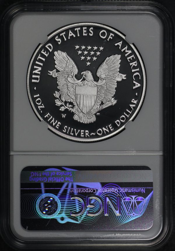 Reverse of this 2021-W Silver Eagle Heraldic Eagle Type 1 Advance Releases John M Mercanti Signature Label NGC PF-70 UC