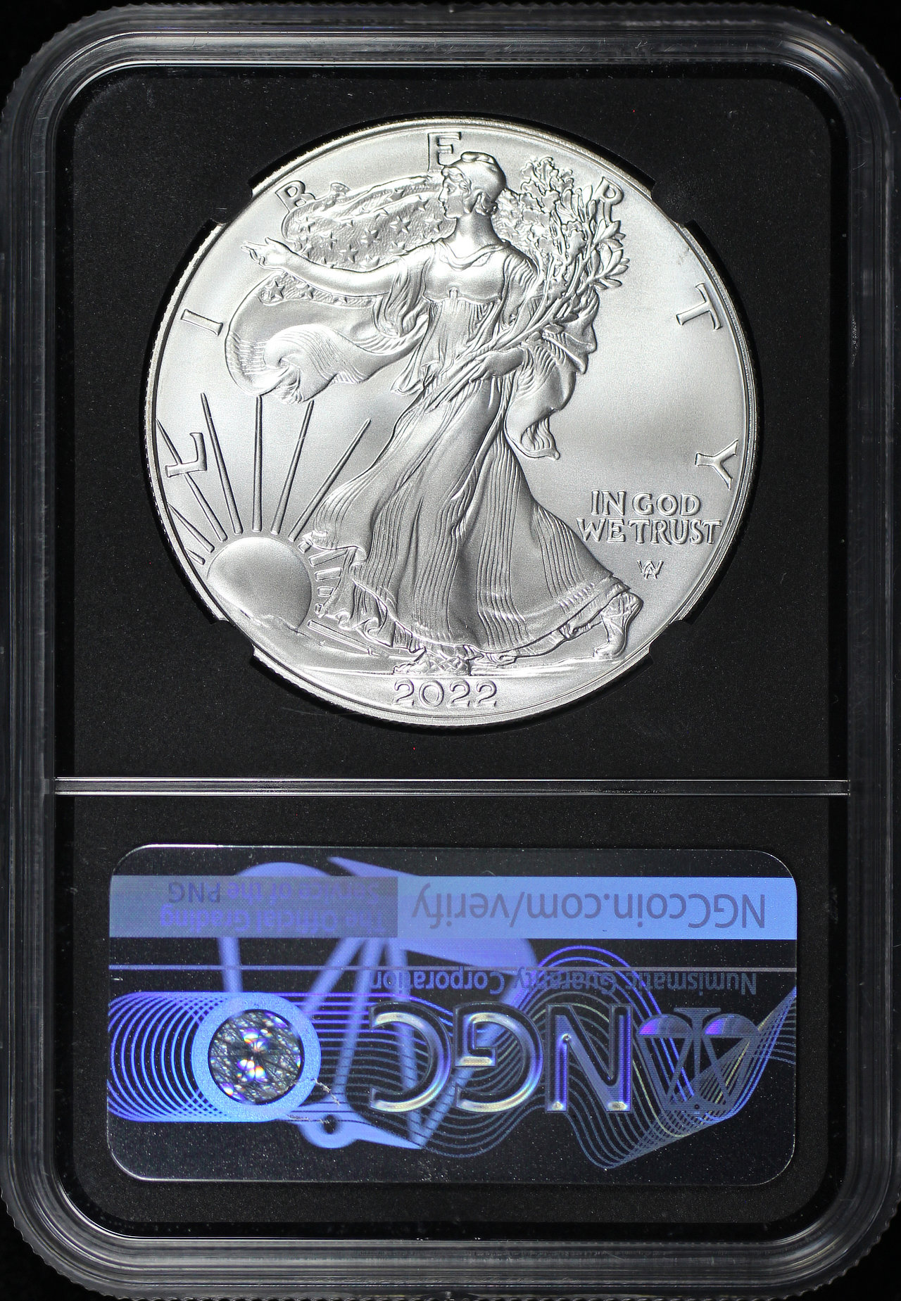 Reverse of this 2022 Silver Eagle NGC MS-69 Reverse Struck Thru Mint Error First Day Of issue