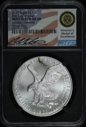 Obverse of this 2022 Silver Eagle NGC MS-69 Retained Reverse Struck Thru First Day of Issue 