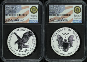 Obverse of this 2021 Silver Eagle Type 1 & 2 NGC PF-70 Reverse Proof Miles Standish Silver Design Set Signature Label First Day of Issues