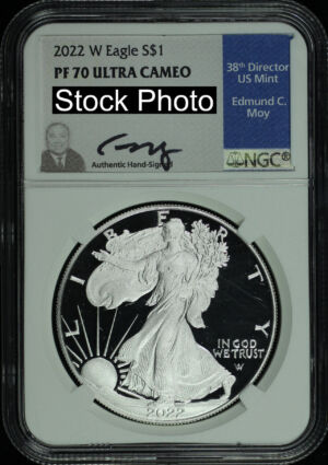 Obverse of this 2022-W Silver Eagle NGC PF-70 UC Edmund C. Moy Signature Label.