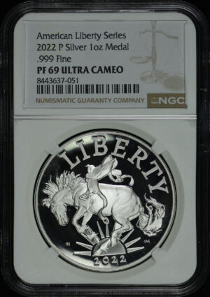 Obverse of this 2022-P American Liberty Bronco Silver 1oz Medal NGC PF-69 Ultra Cameo